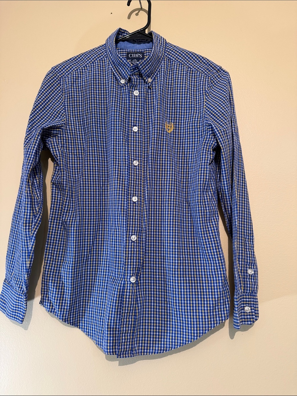 Chaps Boys Blue and White Checked Button-Down Shirt with Gold Logo